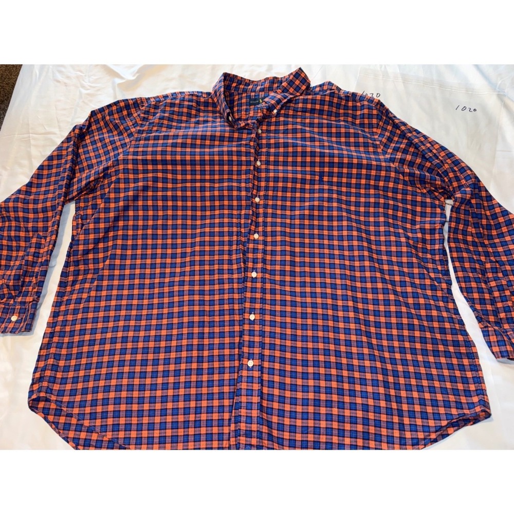 Ralph Lauren Big & Tall Mens 3XB Plaid Button Down Shirt Orange Blue Long Sleeve